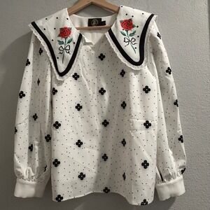 BLT White Black Polka Dot Rose Collar Long Sleeve Blouse Top Women's Medium